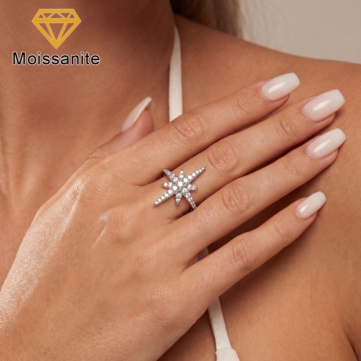 Sparkling Eight-Pointed Star Moissanite Ring for Women
